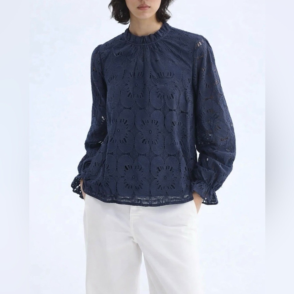 Navy Blue Lace/Eyelet Long Sleeve Floral Blouse NWOT